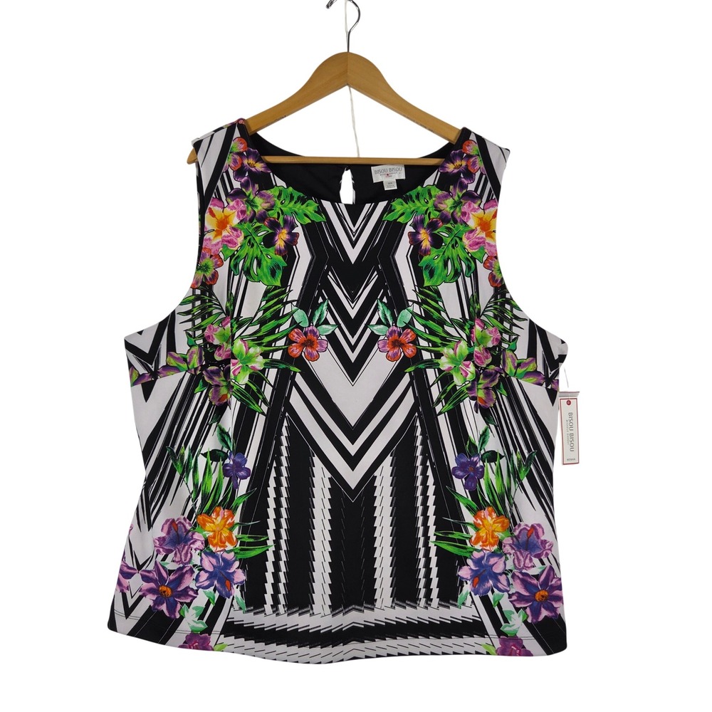 Bisou Bisou Michele Bohbot 3X Floral Chevron Sleeveless Top NWT Black White Pink